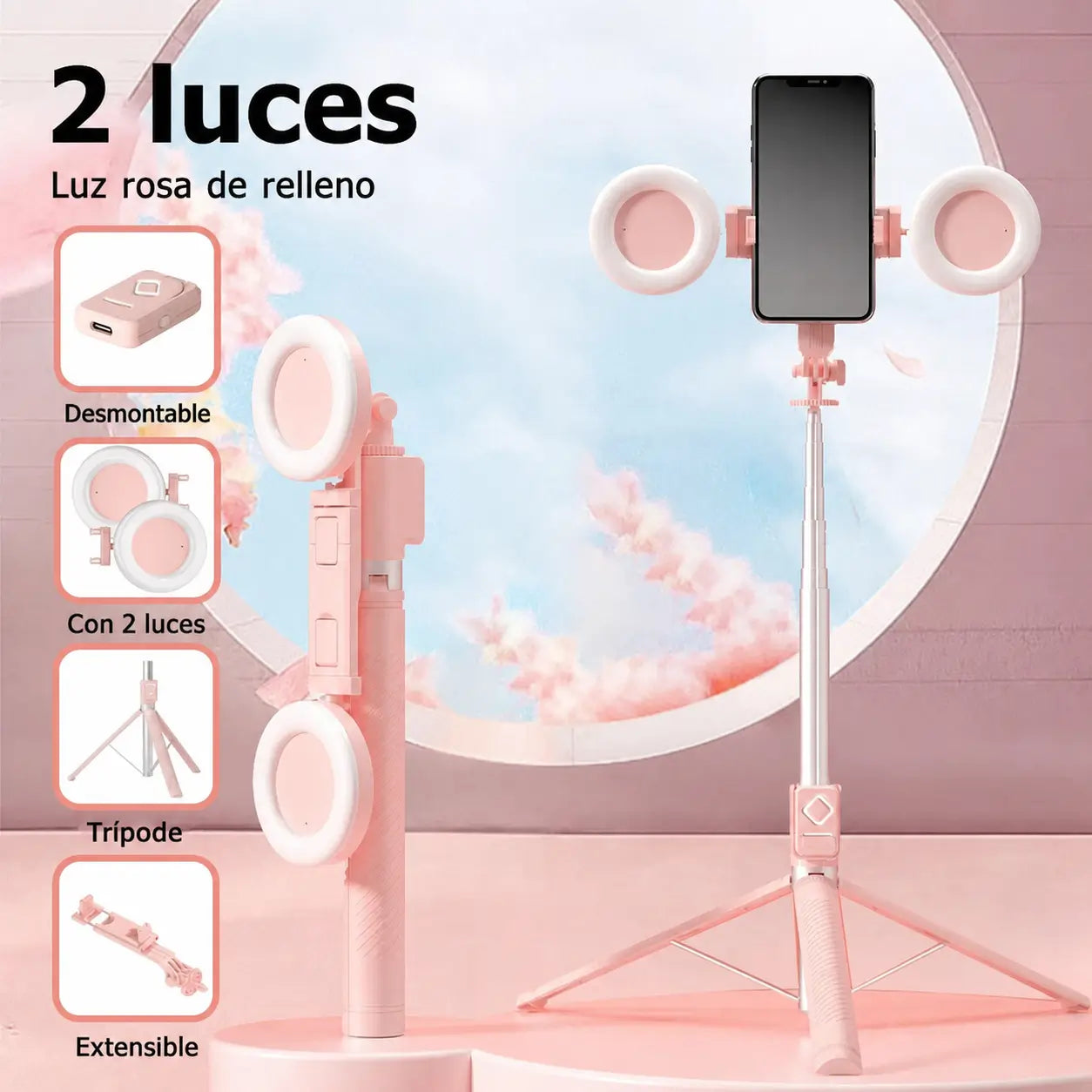 Tripié selfie 6 en 1 con luz LED ajustable y control Bluetooth para crear videos, lives y fotos estables con celular