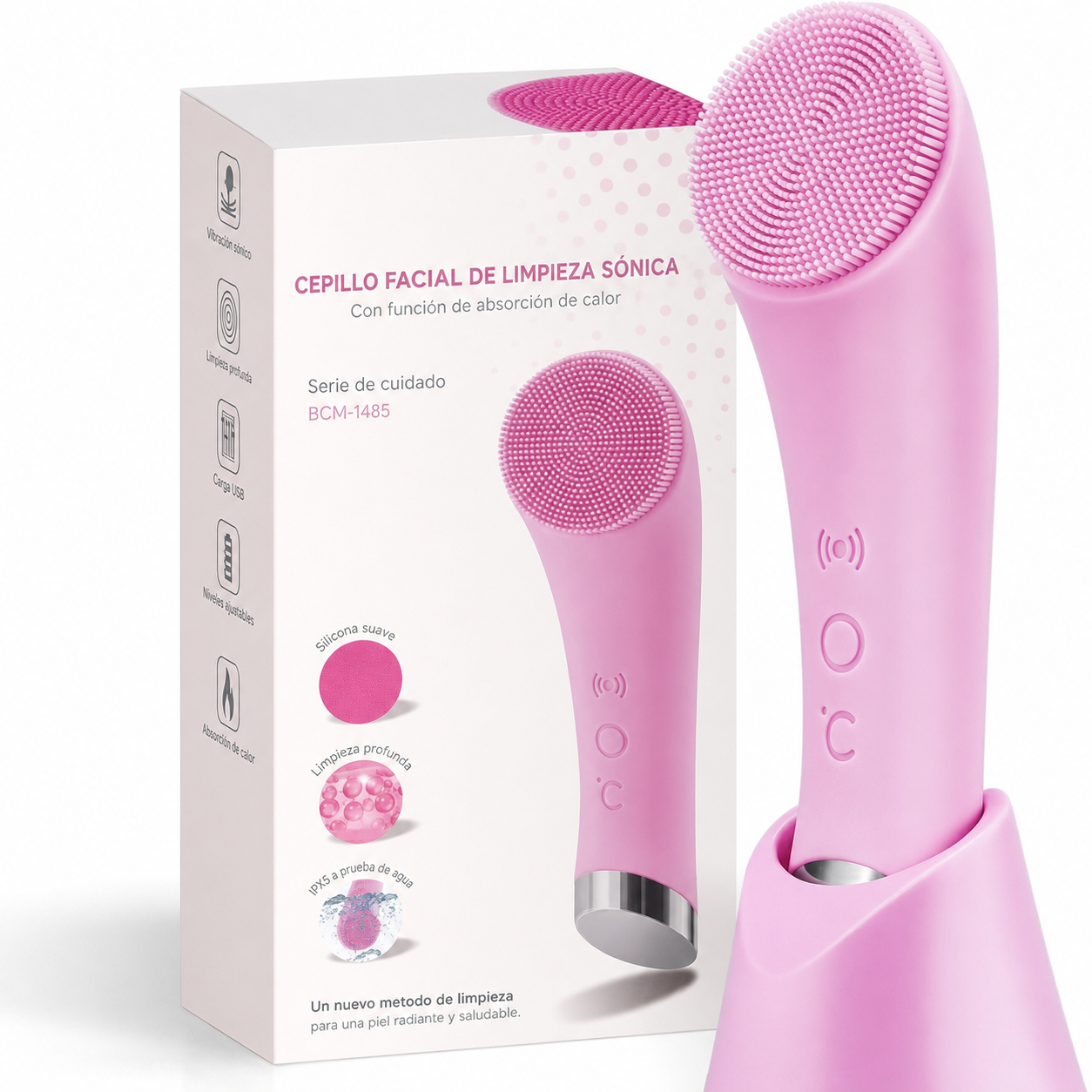 Cepillo facial eléctrico de silicón con calor 40°C y 5 vibraciones para limpieza profunda y exfoliación diaria en todo tipo de piel