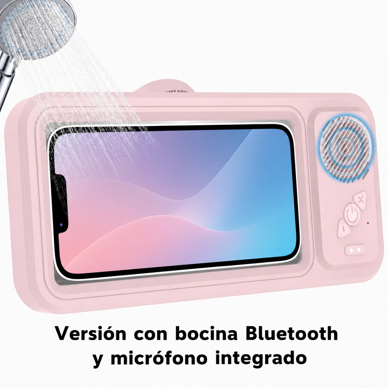 Soporte impermeable para celular con bocina Bluetooth y rotación 360° para ver videos en regadera o cocina sin usar las manos