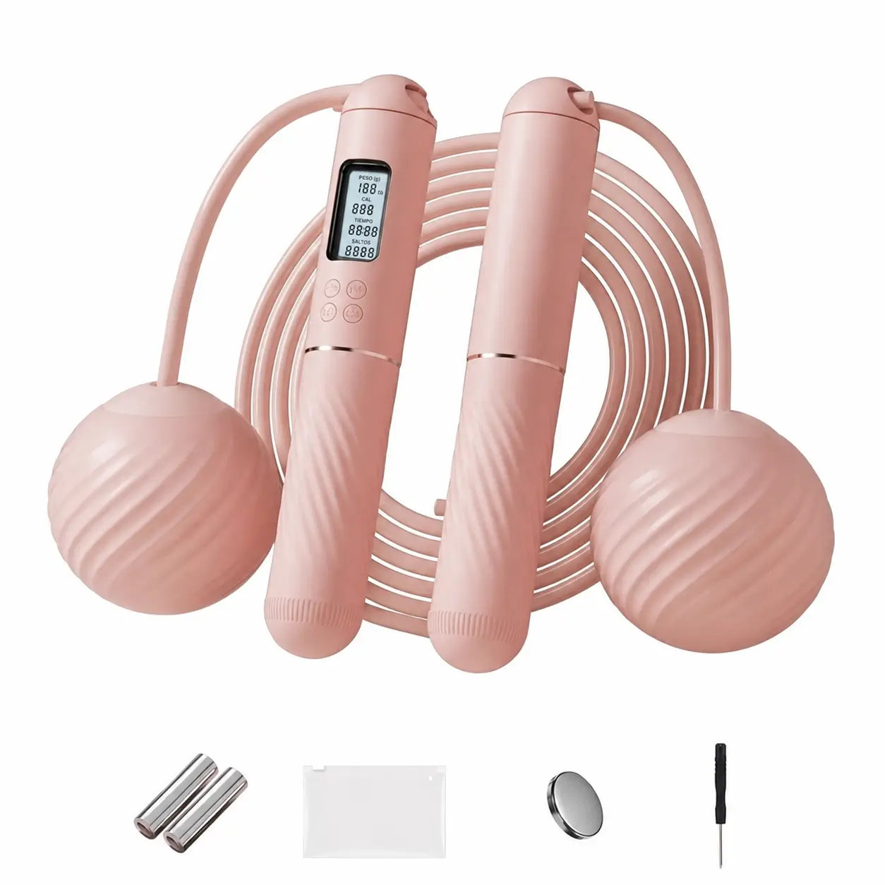 Cuerda para saltar ajustable con contador integrado, mango antiderrapante y opción con peso para rutinas de fitness en casa
