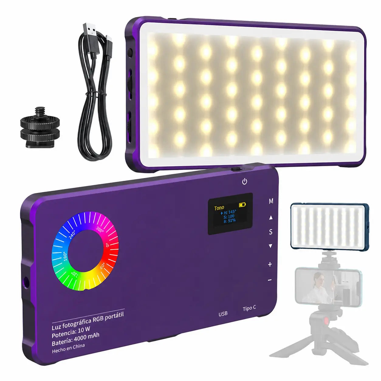 Luz fotográfica RGB recargable por USB 4000mAh compacta para cámara de celular, streaming en vivo y vlogs de viaje creativos diarios