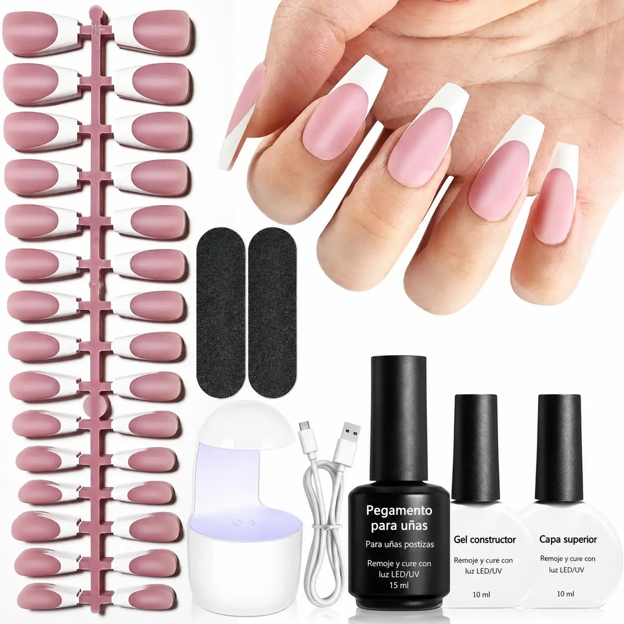 Kit de uñas press on francesas de gel suave, 154 piezas con lámpara mini para manicura francesa DIY en casa hasta 28 días