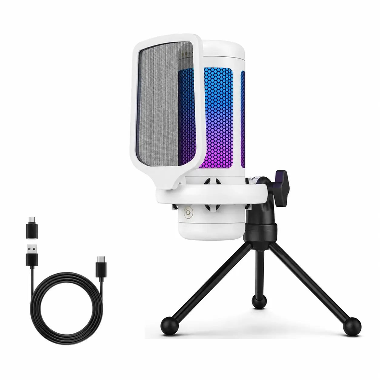 Micrófono USB de condensador TC310 con iluminación RGB ajustable, conexión USB-A y Type-C para gaming, streaming y podcast en PC Mac