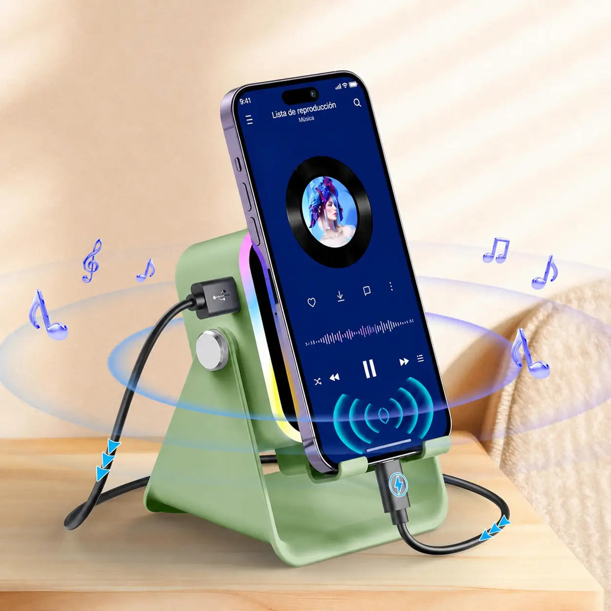 Bocina inalámbrica 5 en 1 con soporte ajustable 360°, luz RGB y power bank de 3500 mAh para celular y tablet en casa