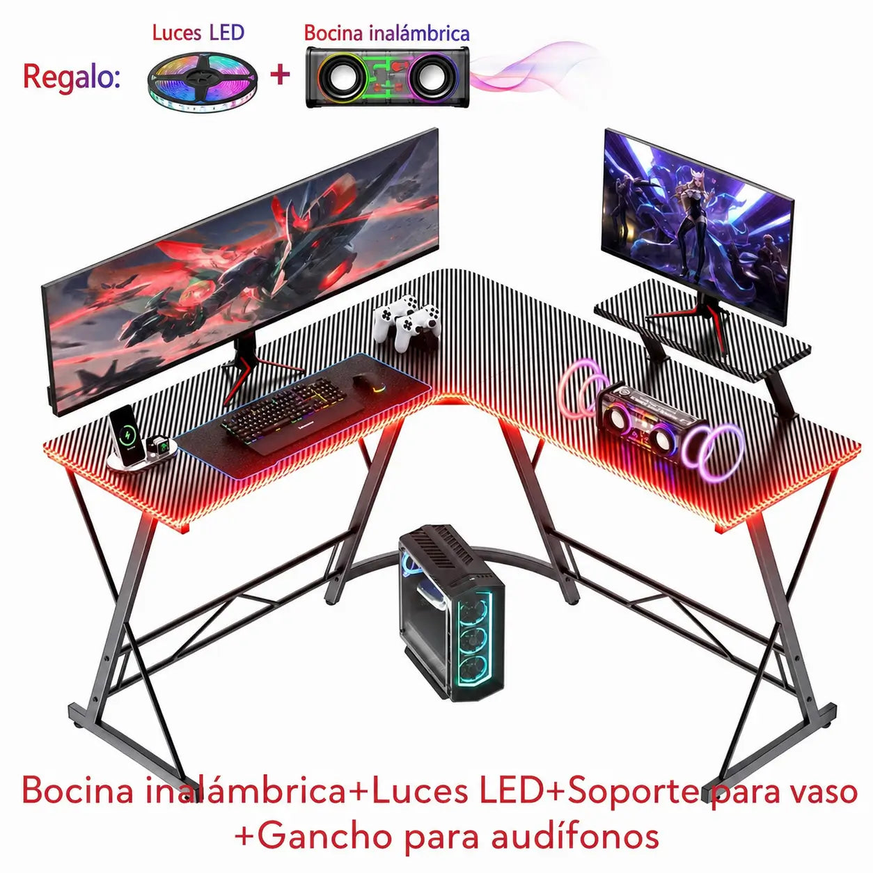 Escritorio gamer en L de 129 cm con soporte para monitor y luces RGB para home office y setup de juego negro estable