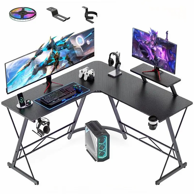 Escritorio Gamer en L con Luces LED, Escritorio de Esquina para Computadora con Portavasos y Gancho para Audífonos, Estación de Trabajo para Oficina en Casa con Soporte para Monitor Grande, Fácil de Armar (Negro, 130 cm)
