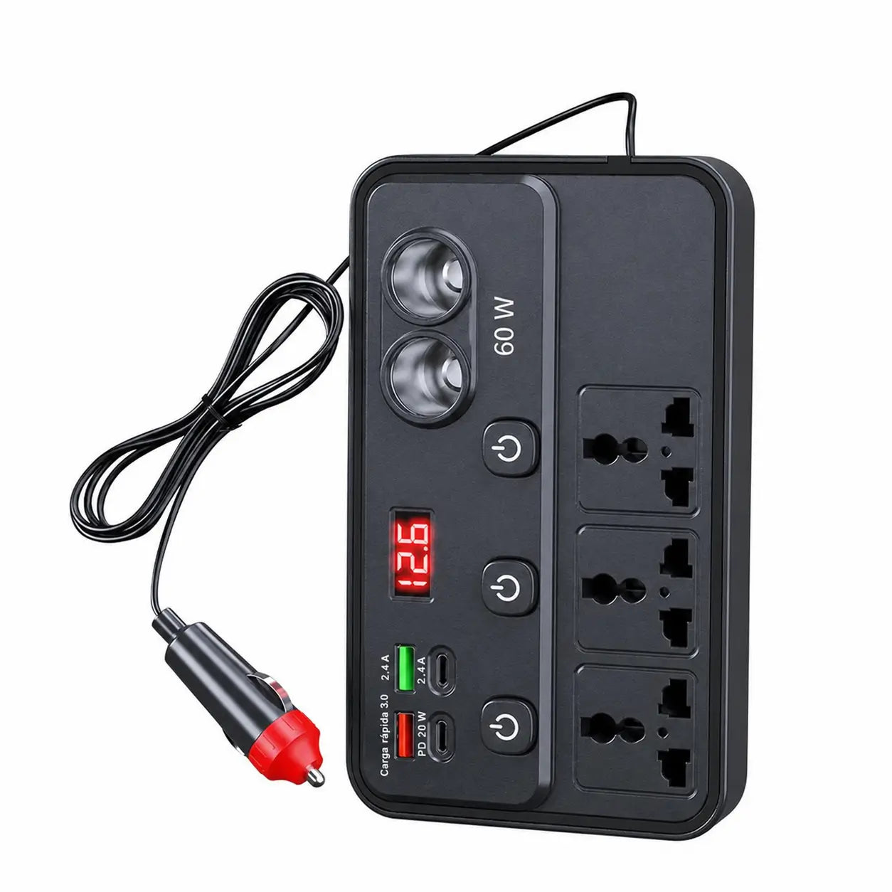 Inversor compacto para auto 12V-24V a 220V con carga rápida QC3.0 y pantalla, para celulares, tablets y laptops en viajes