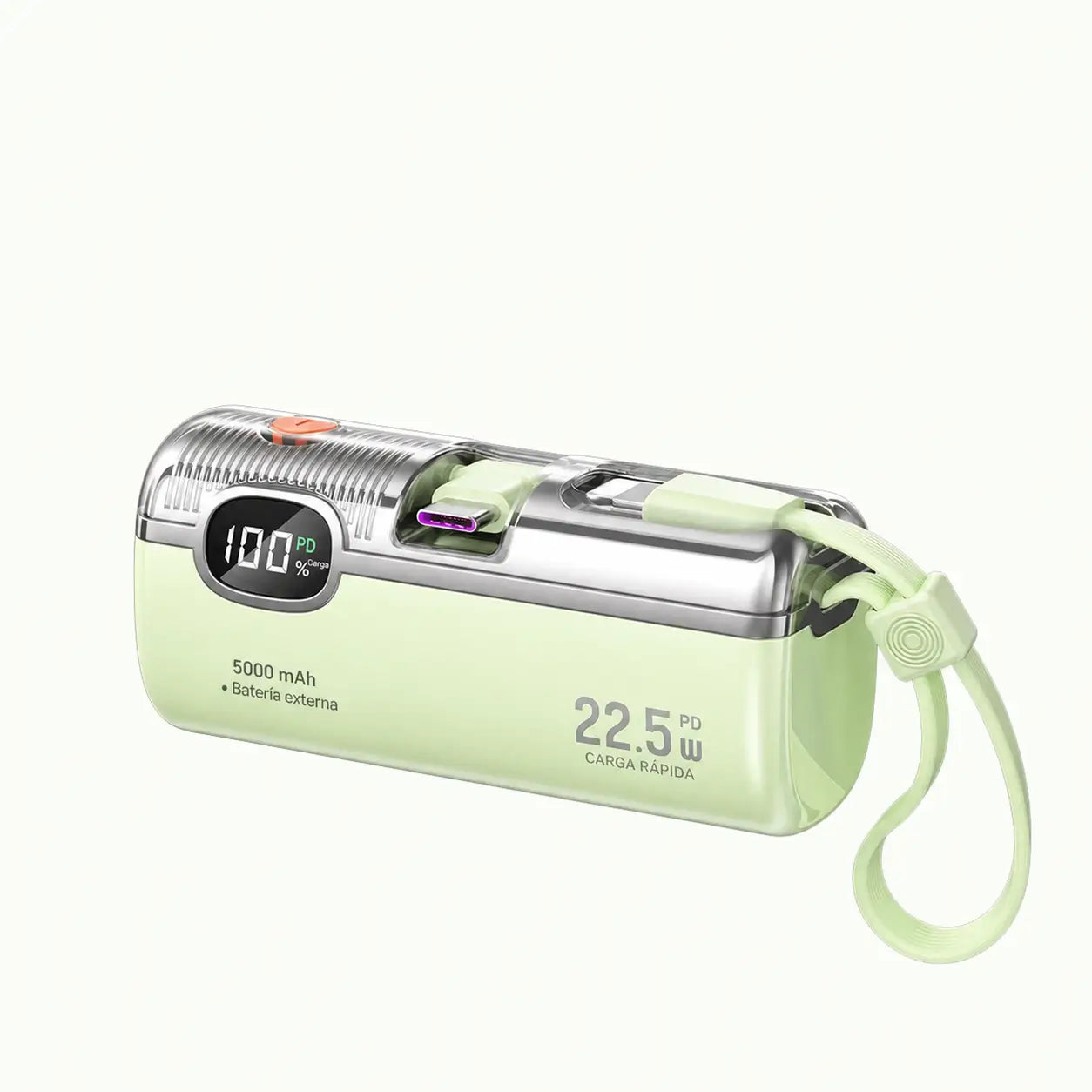 Power bank mini 5000mAh con carga rápida 22.5W, cable integrado y display digital para celular, viajes y emergencias sin cargar peso extra
