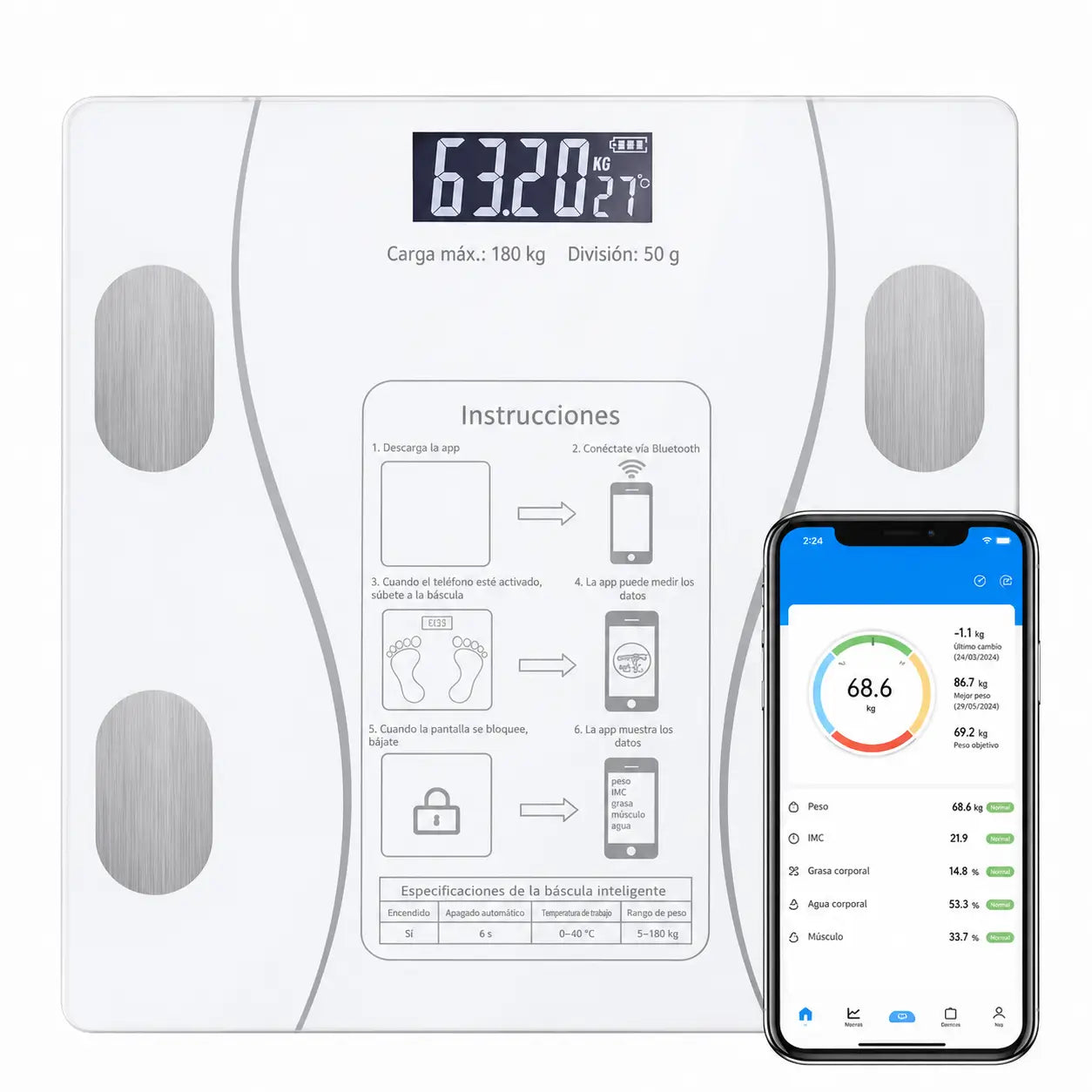 Báscula digital Bluetooth para baño con medición de peso, grasa corporal e IMC, ideal para seguimiento diario personal fácil