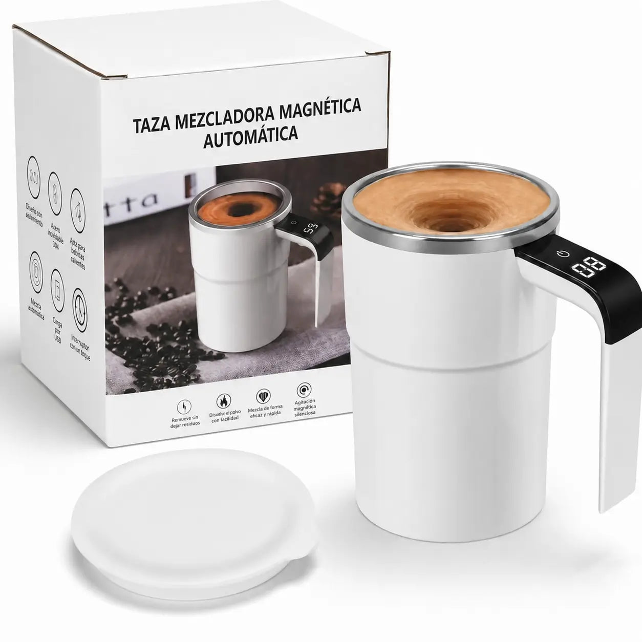 Taza mezcladora automática recargable de acero 304 con termómetro LCD para café, leche y bebidas en oficina o viaje sin cuchara