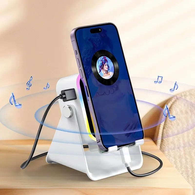 Soporte con Bocina de Inducción Inalámbrica 5 en 1, Base para Celular y Tablet, Power Bank de 3500mAh, Ajuste de 360° con Luz Ambiental LED de Colores