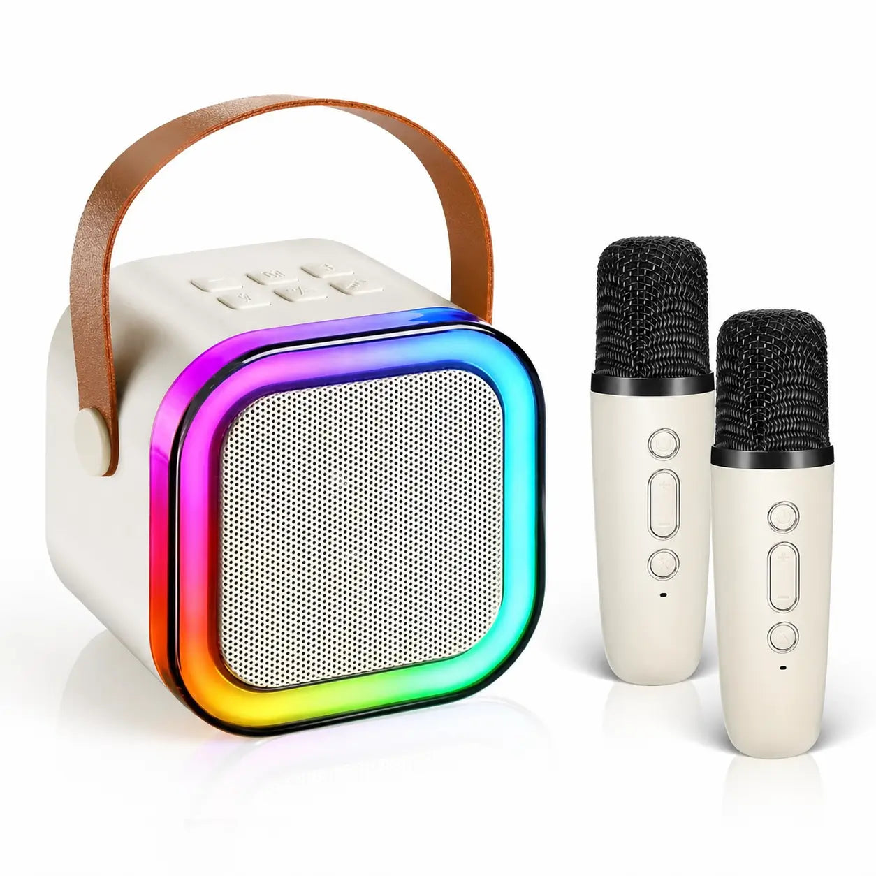 Bocina karaoke mini Bluetooth 5.3 con 2 micrófonos inalámbricos, luces RGB y sonido HiFi para fiestas en casa y reuniones al aire libre