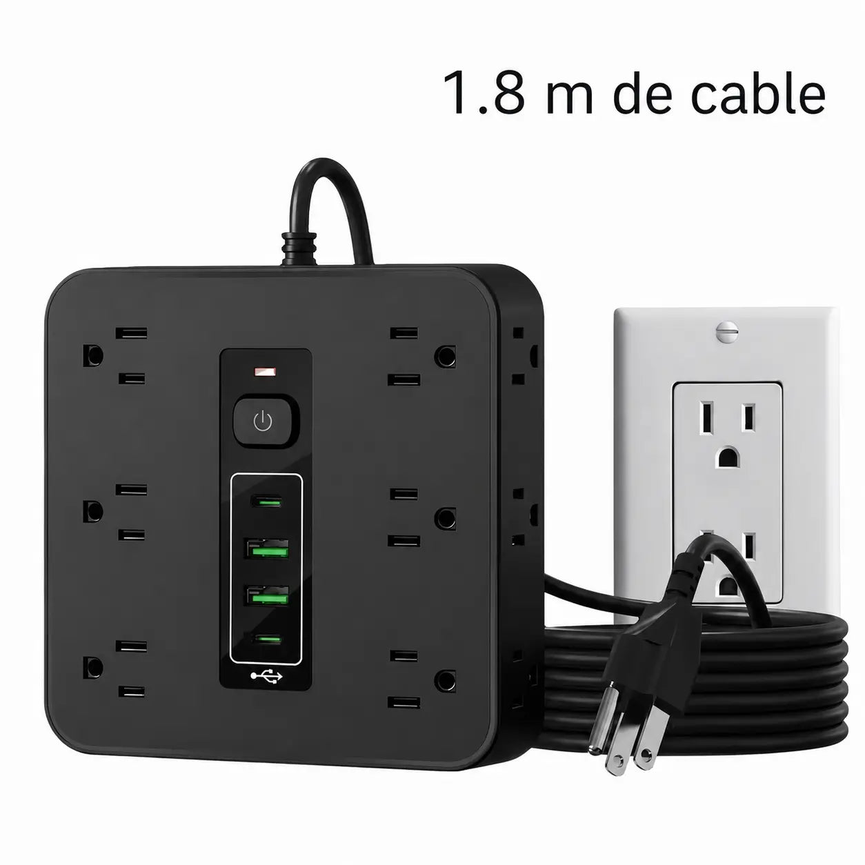 Multicontacto 16 en 1 con protección contra picos, 12 tomas AC y USB-C para carga organizada en casa, oficina o viaje diario