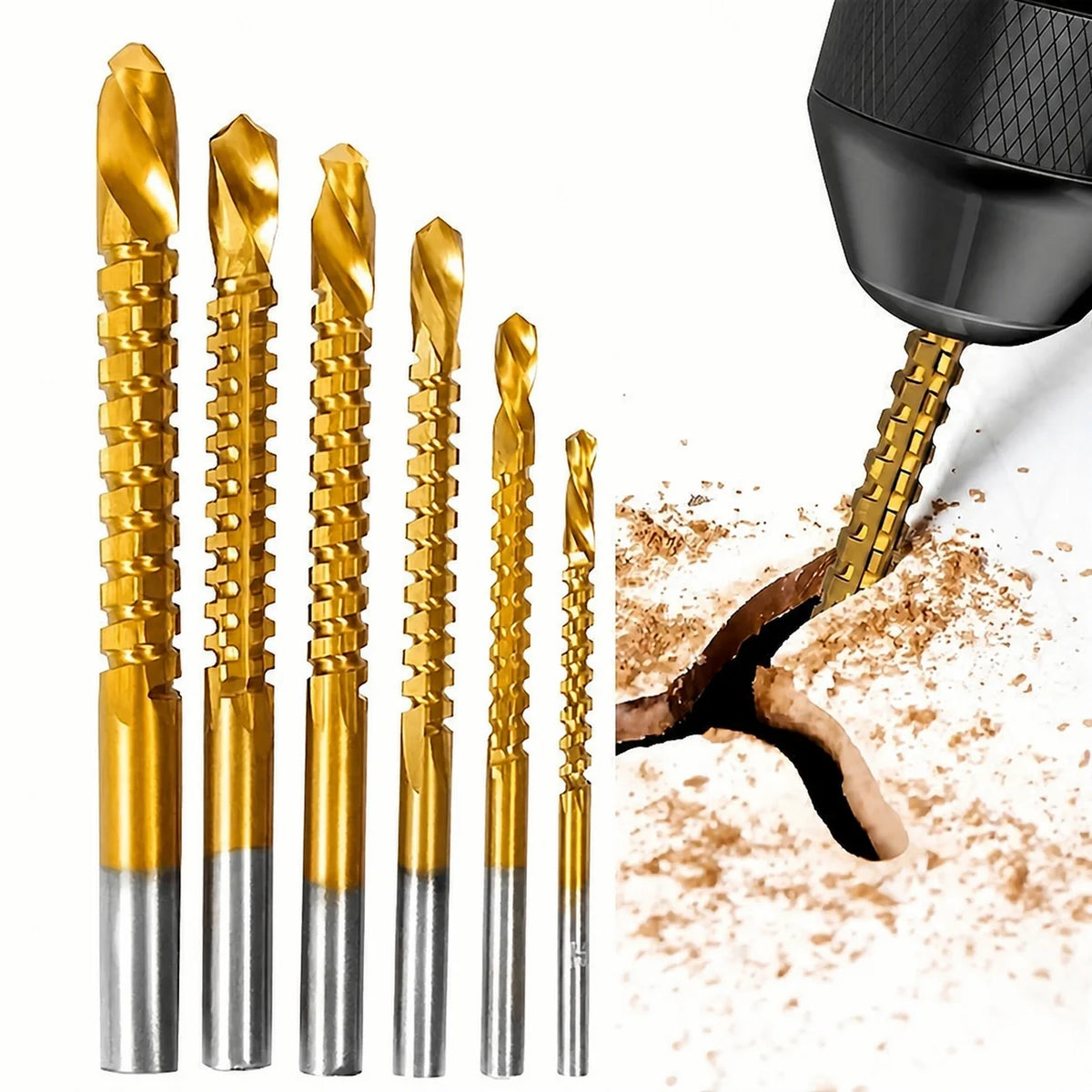 Juego de 6 brocas HSS titanizadas 3 en 1 para perforar, cortar y pulir metal, madera y plástico