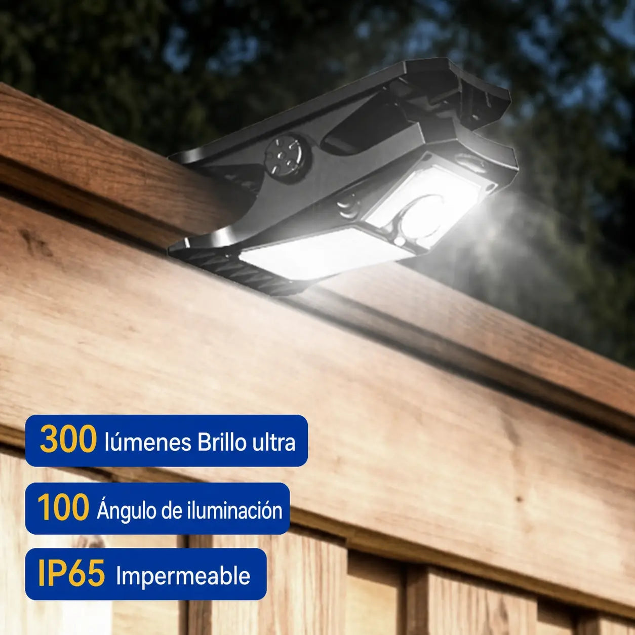 Lámpara solar exterior con sensor de movimiento, 600 lm, carga USB-C y clip ajustable para patio, jardín, reja o cochera en casa