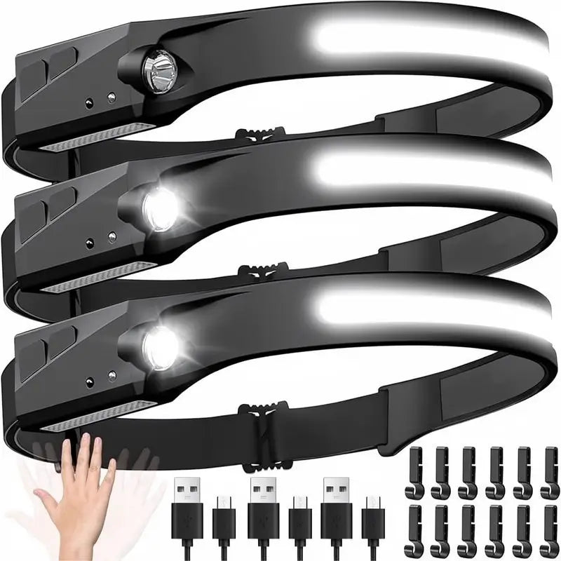 Lámpara de Cabeza Recargable 2 pzas, Linterna Frontal LED Gran Angular de 230° con Sensor de Movimiento para Adultos - Equipo de Camping, Impermeable para Senderismo, Correr, Reparaciones, Pesca y Ciclismo