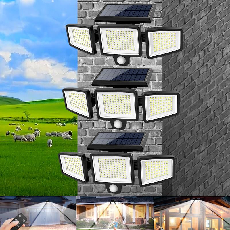 Lámpara solar exterior de seguridad 2500 lm con 3 cabezales ajustables, sensor PIR y control remoto para patios y cocheras