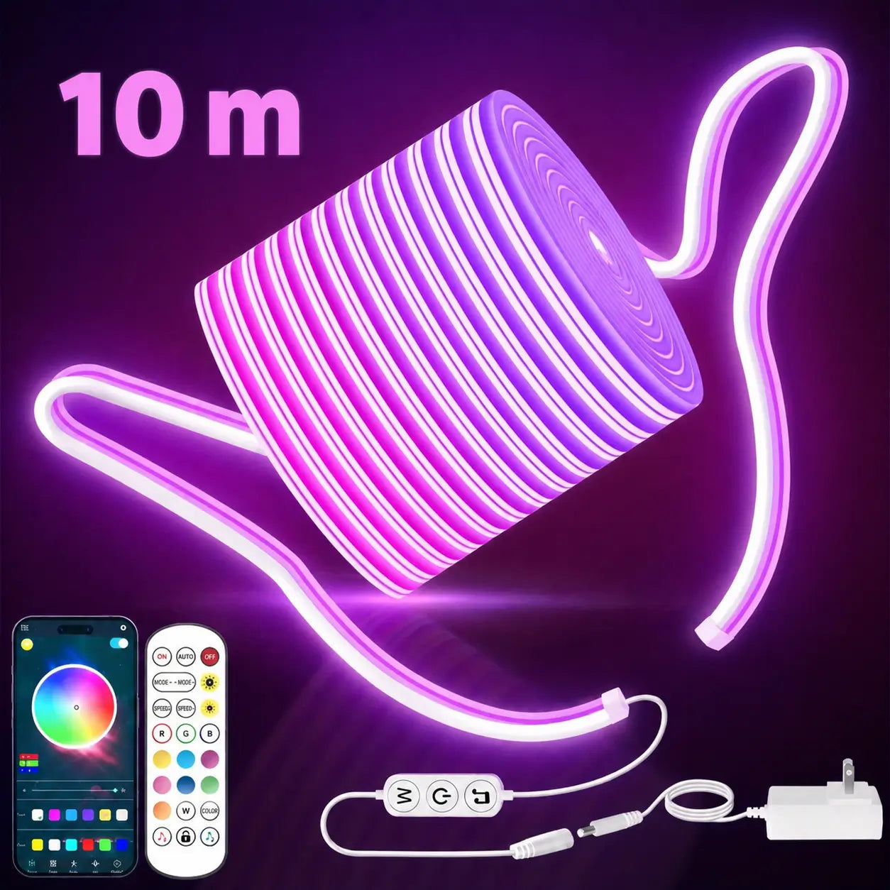 Tira LED neón RGB flexible con sincronización musical, IP67 y control por app para decoración en recámaras, setup gamer y exteriores