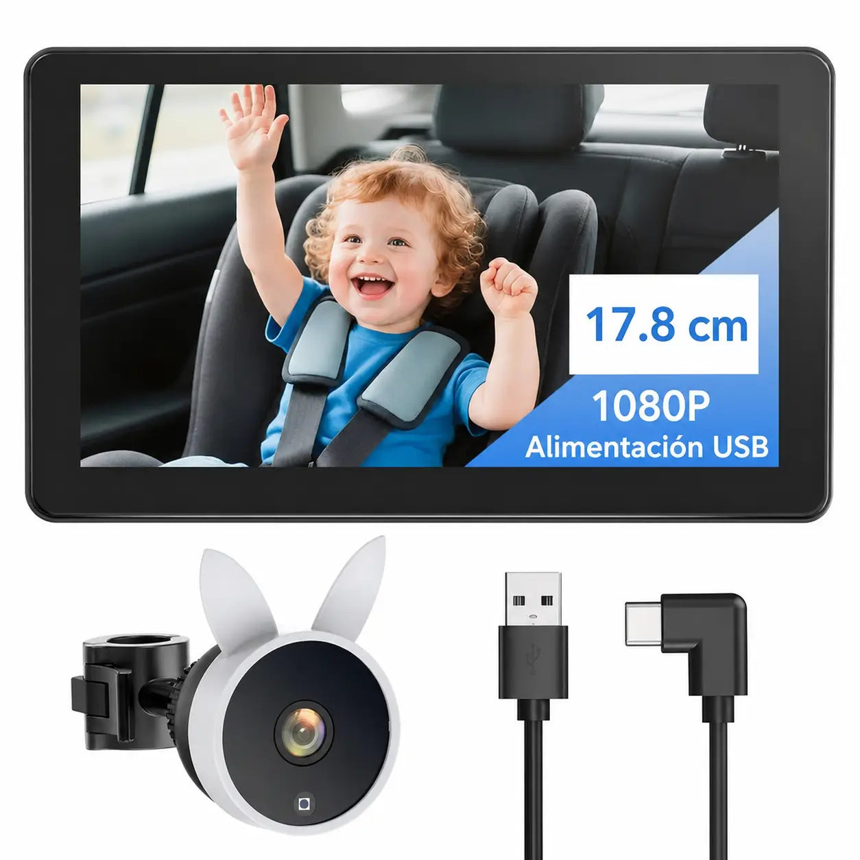Monitor dual para bebé en auto con pantalla 7.2” 1080P, visión nocturna y vista dividida para dos niños en viajes familiares
