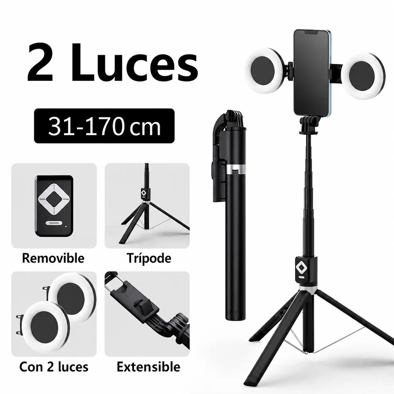 Tripié selfie 6 en 1 con luz LED ajustable y control Bluetooth para crear videos, lives y fotos estables con celular
