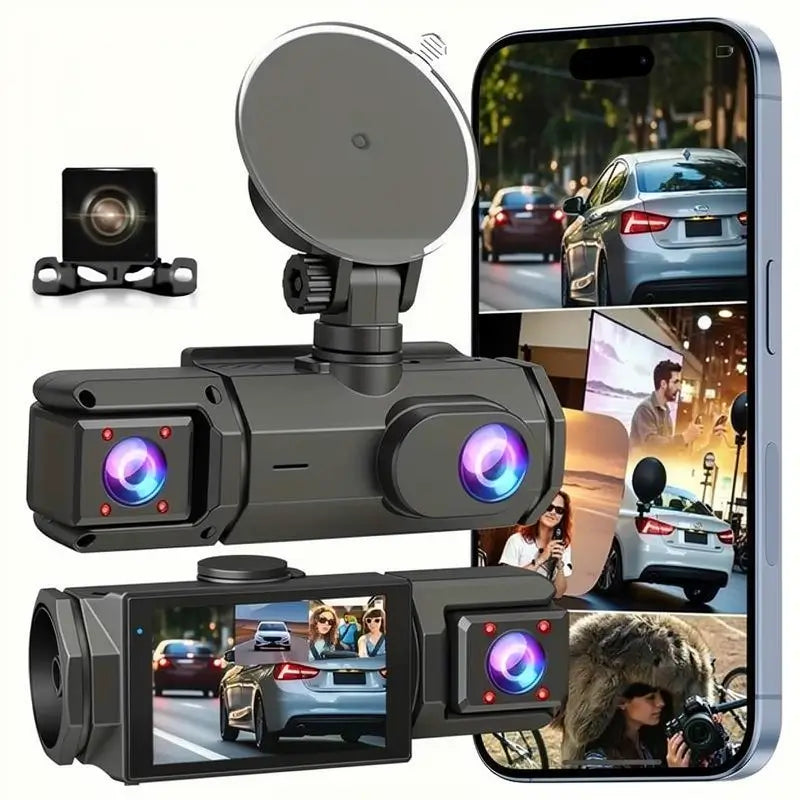 Cámara de Tablero de 3 Canales para Auto con Tarjeta de 32GB, WiFi, Requiere Conexión Continua