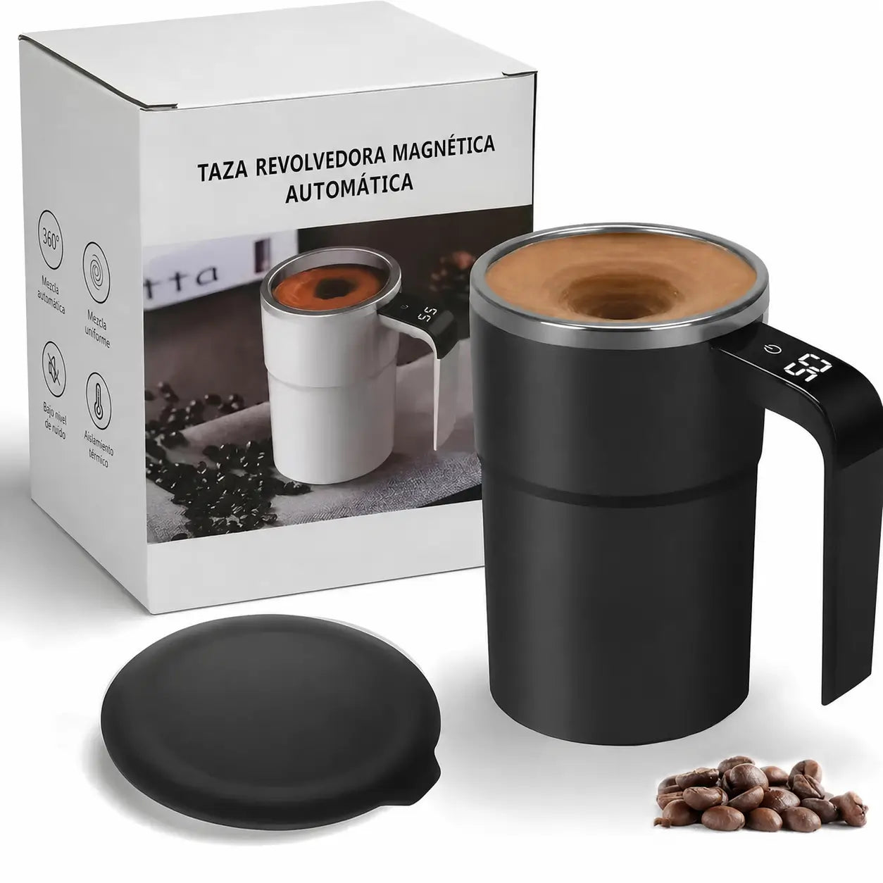 Taza mezcladora automática recargable de acero 304 con termómetro LCD para café, leche y bebidas en oficina o viaje sin cuchara