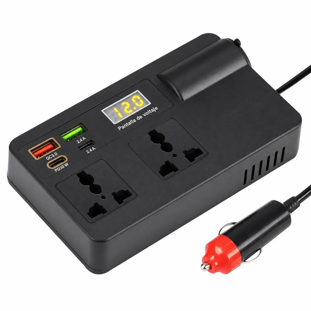 Inversor compacto para auto 12V-24V a 220V con carga rápida QC3.0 y pantalla, para celulares, tablets y laptops en viajes