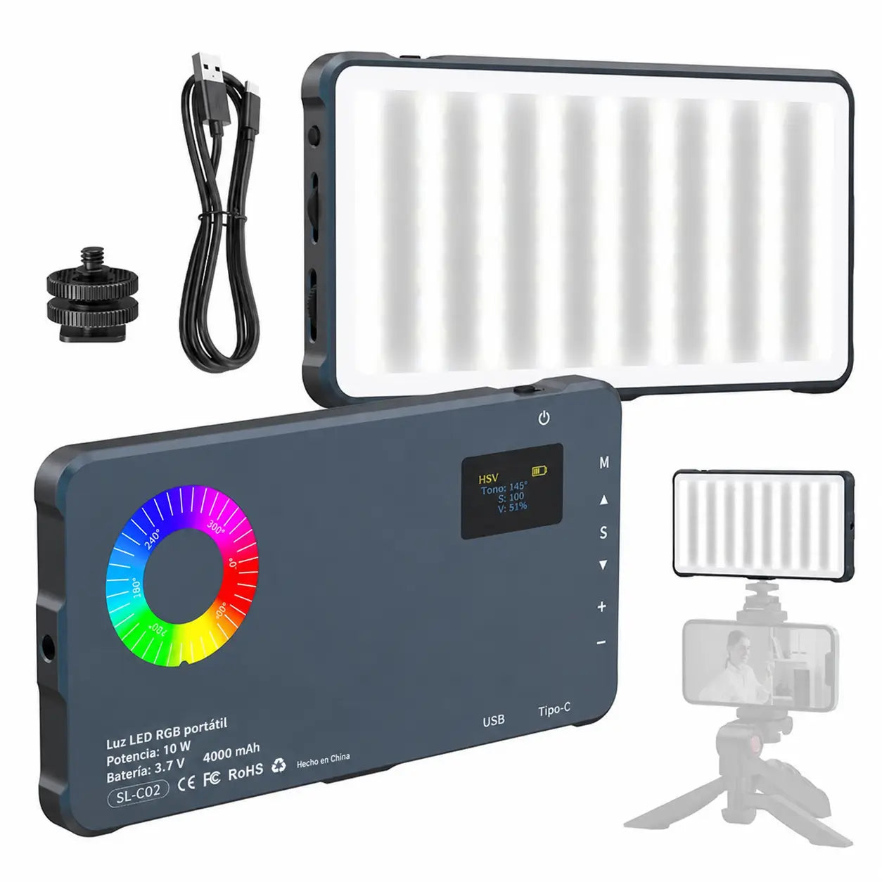 Luz fotográfica RGB recargable por USB 4000mAh compacta para cámara de celular, streaming en vivo y vlogs de viaje creativos diarios