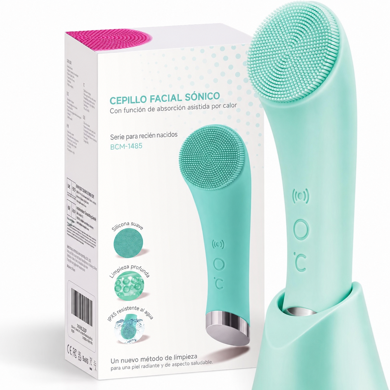 Cepillo facial eléctrico de silicón con calor 40°C y 5 vibraciones para limpieza profunda y exfoliación diaria en todo tipo de piel