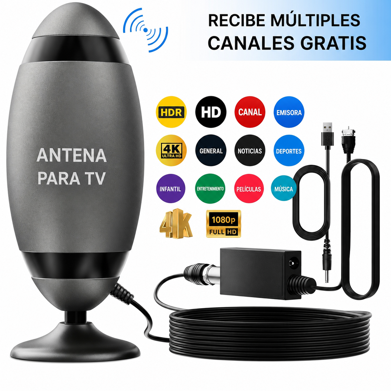 Antena digital interior para Smart TV con señal 360° amplificada, recepción 4K HD y fácil instalación en departamentos sin mensualidades