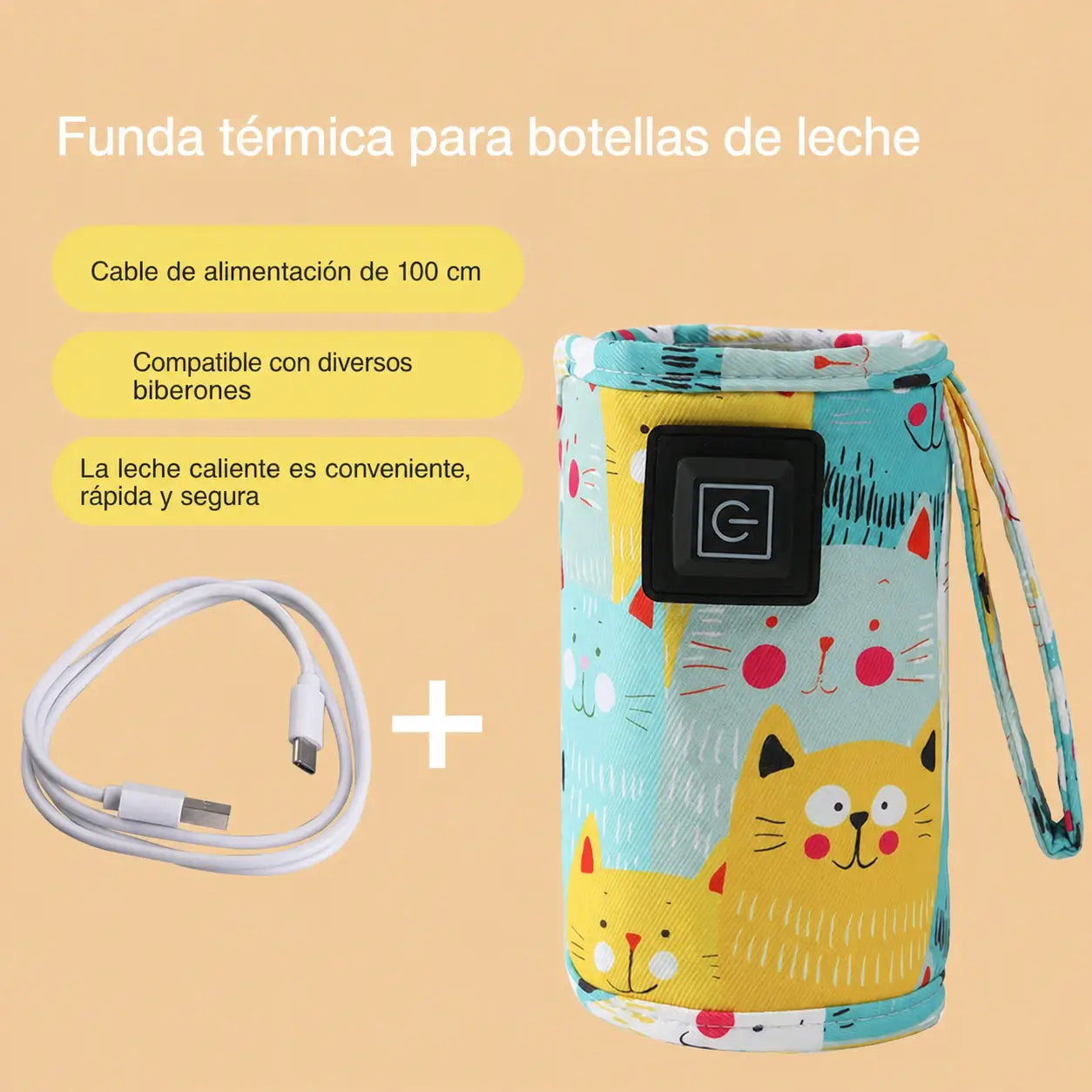 Calentador portátil USB para biberón con 3 temperaturas y funda térmica con gatitos para casa, viajes y salidas con bebé diarias