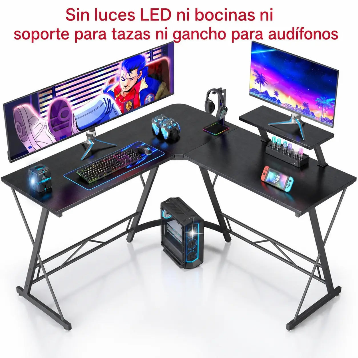 Escritorio gamer en L de 129 cm con soporte para monitor y luces RGB para home office y setup de juego negro estable