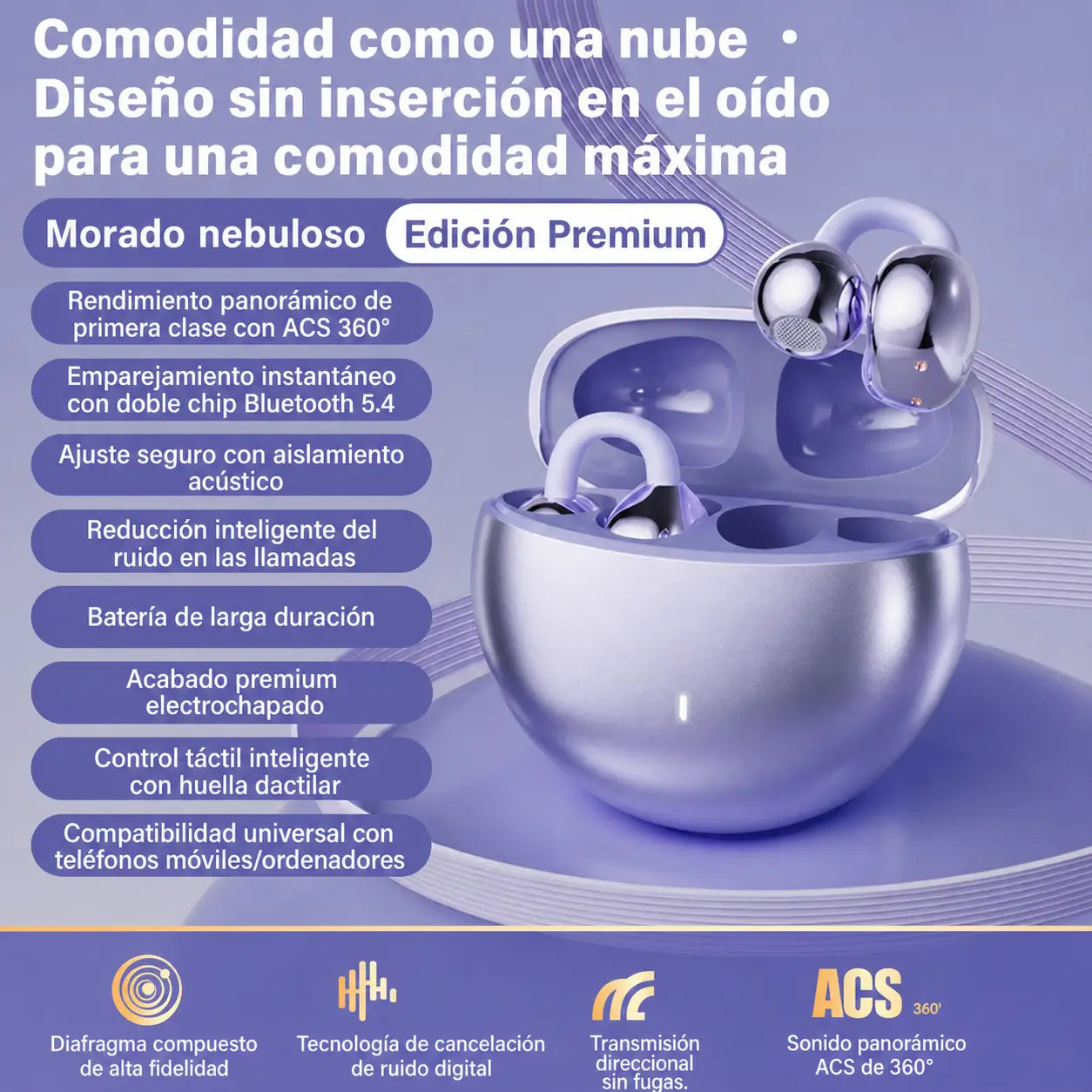 Auriculares Bluetooth 5.4 de oído abierto con clip ergonómico y cancelación de ruido para correr, ejercicio y llamadas claras en celular