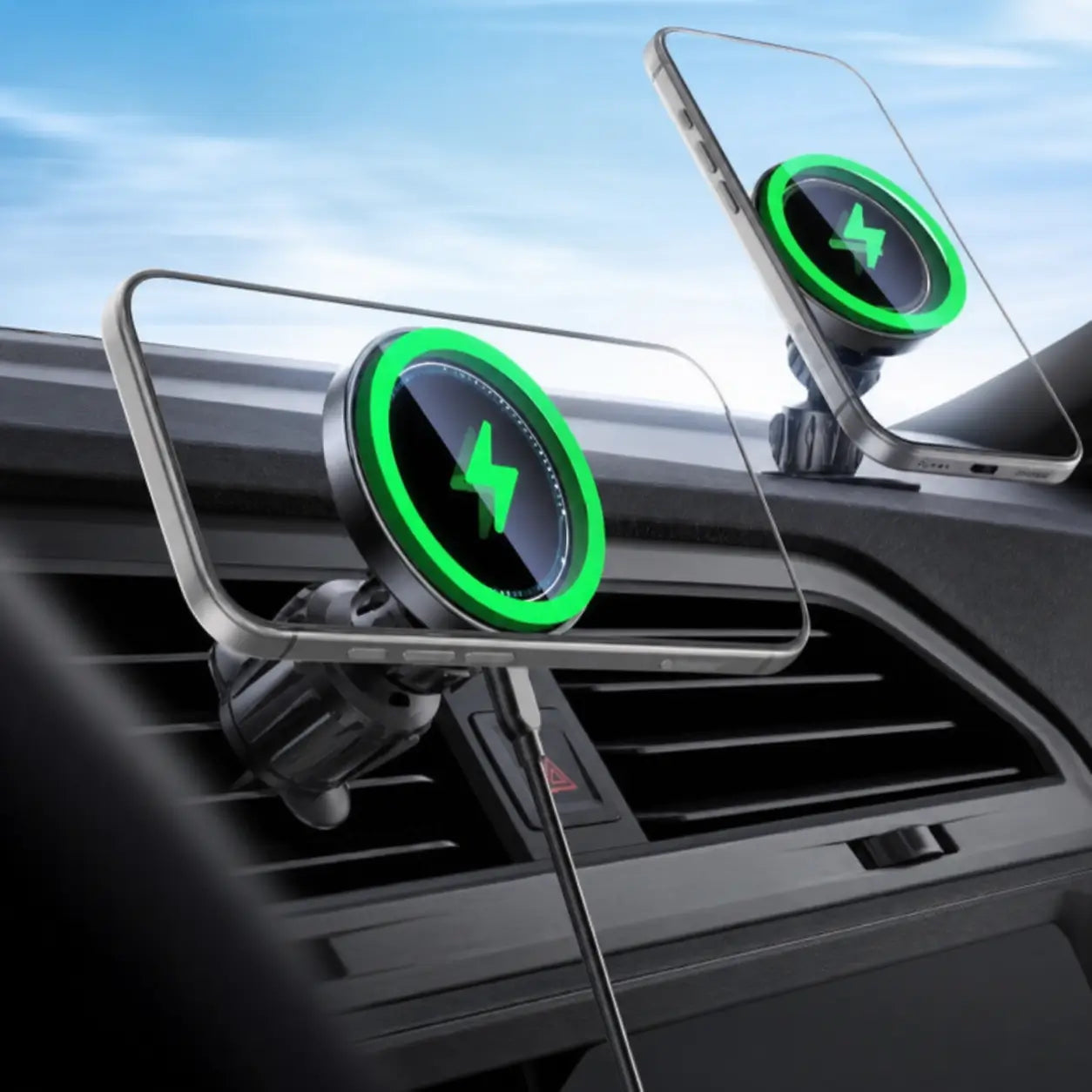 Cargador inalámbrico magnético 15W para auto con soporte ajustable 360° y montaje 3 en 1, ideal para iPhone en viajes diarios