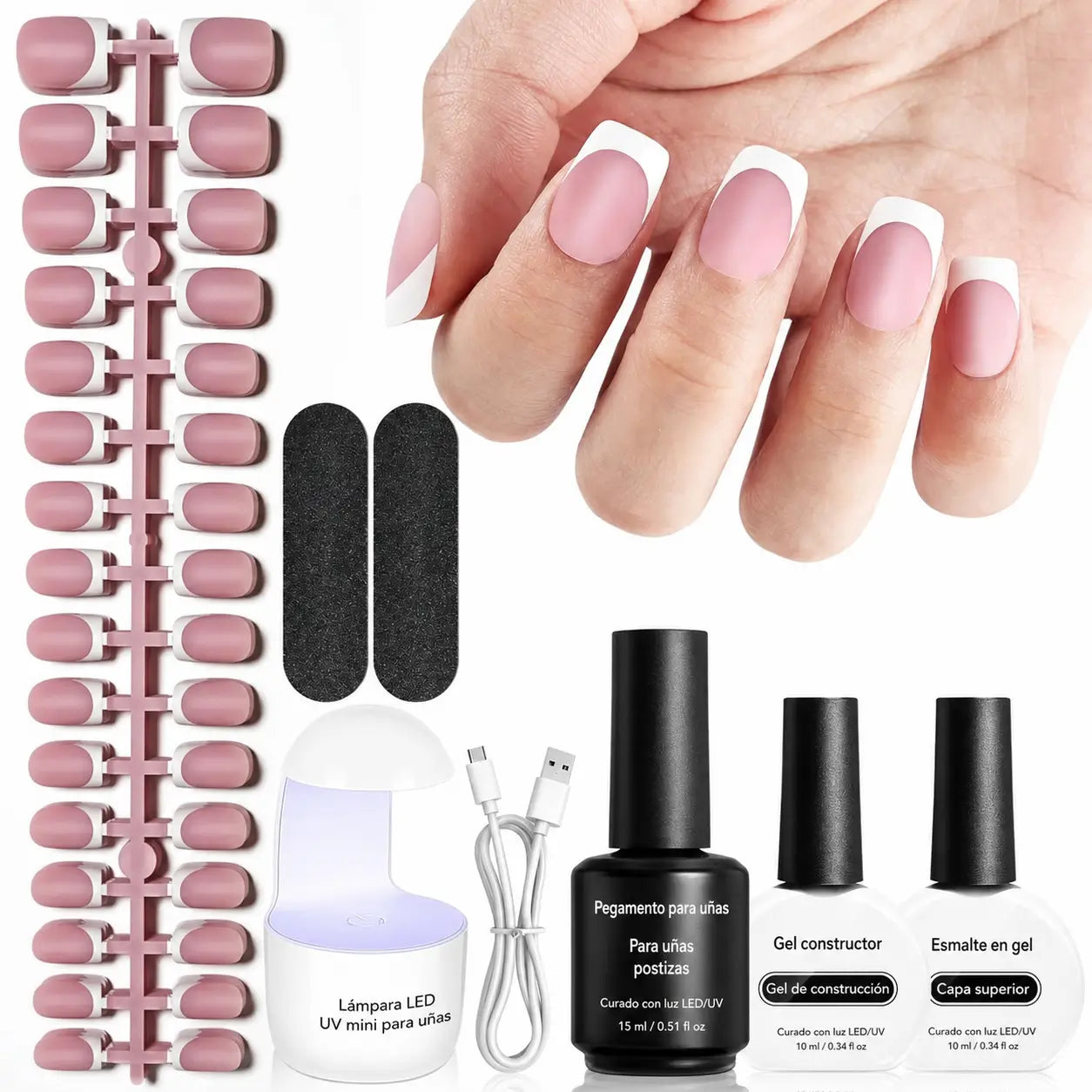 Kit de uñas press on francesas de gel suave, 154 piezas con lámpara mini para manicura francesa DIY en casa hasta 28 días
