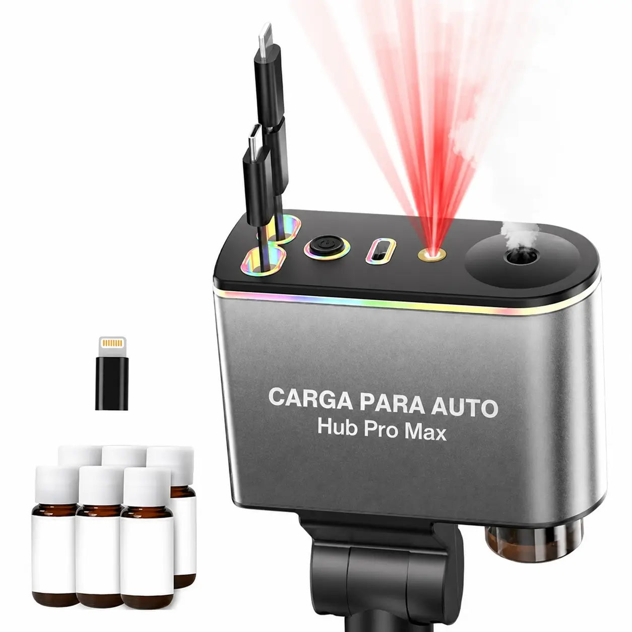 Cargador retráctil para auto 66W con USB-C y Lightning, difusor aromático y luz estrellada para cargar tu celular sin enredos diarios