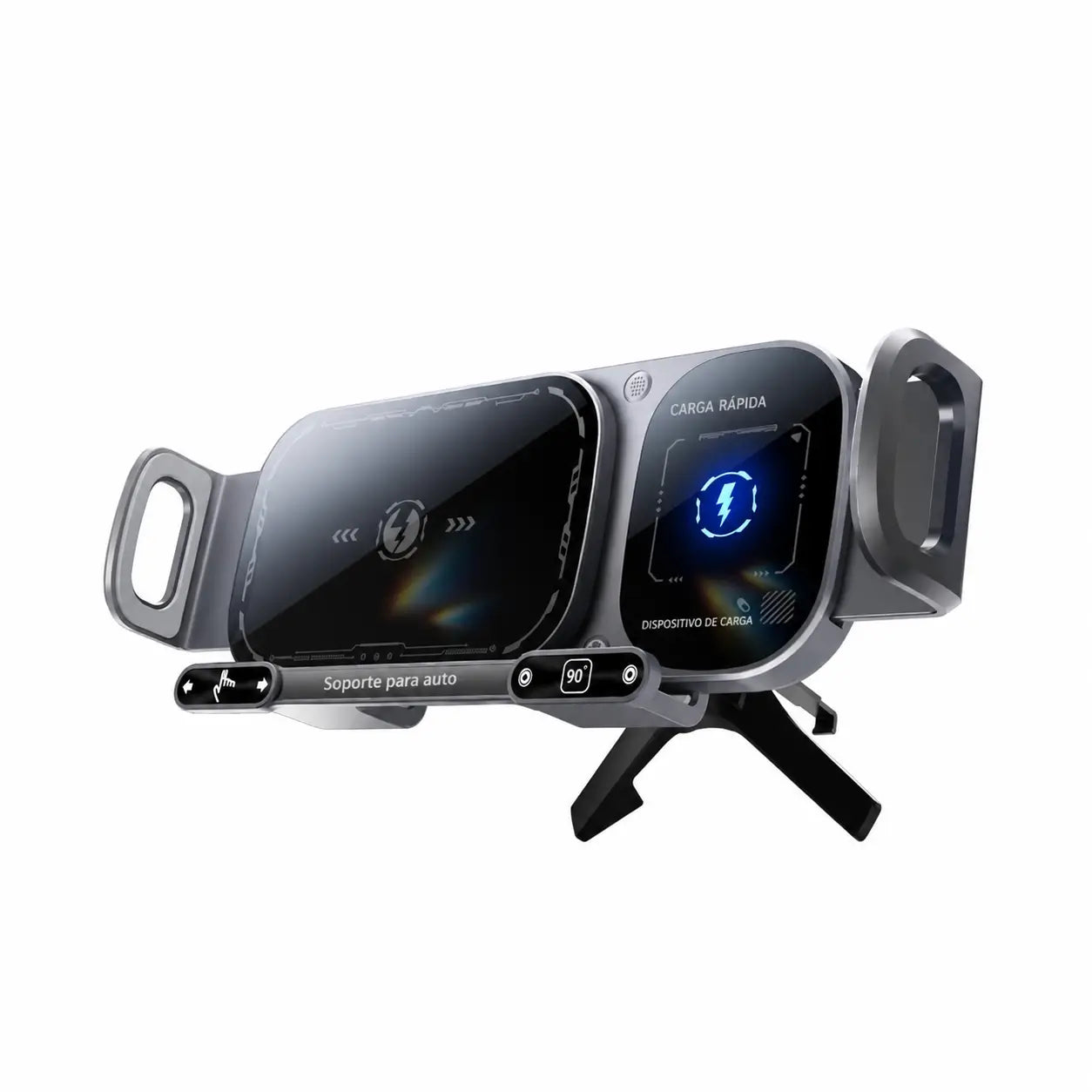 Soporte cargador inalámbrico 15W para auto con sujeción automática y rotación 90°, ideal para celulares plegables y grandes