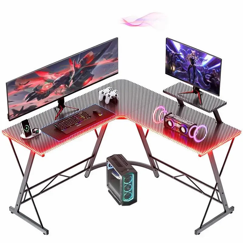 Escritorio Gamer en L con Luces LED, Escritorio de Esquina para Computadora con Portavasos y Gancho para Audífonos, Estación de Trabajo para Oficina en Casa con Soporte para Monitor Grande, Fácil de Armar (Negro, 130 cm)