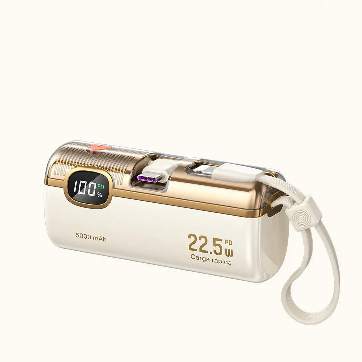 Power bank mini 5000mAh con carga rápida 22.5W, cable integrado y display digital para celular, viajes y emergencias sin cargar peso extra