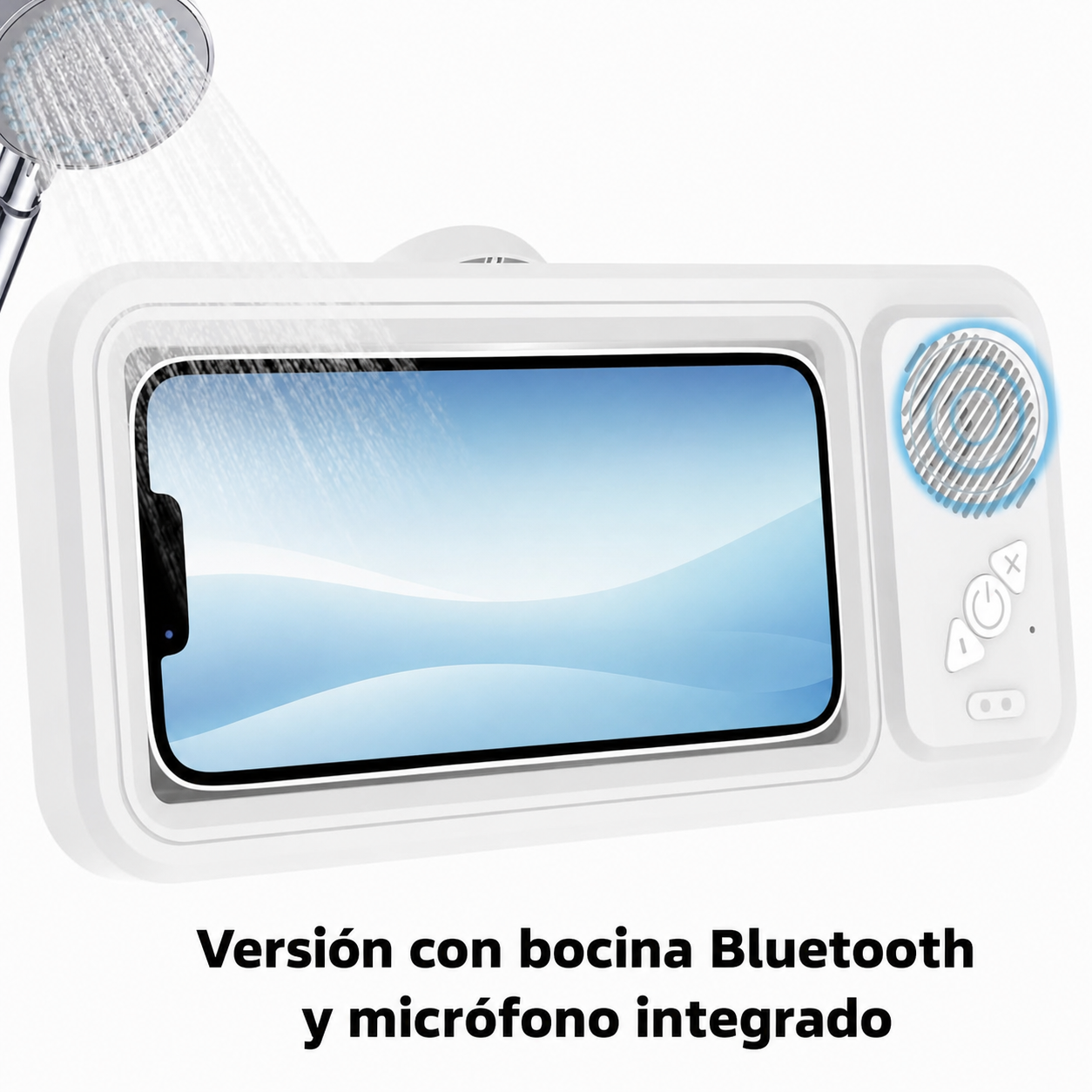 Soporte impermeable para celular con bocina Bluetooth y rotación 360° para ver videos en regadera o cocina sin usar las manos