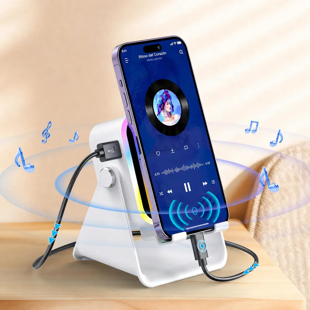 Bocina inalámbrica 5 en 1 con soporte ajustable 360°, luz RGB y power bank de 3500 mAh para celular y tablet en casa