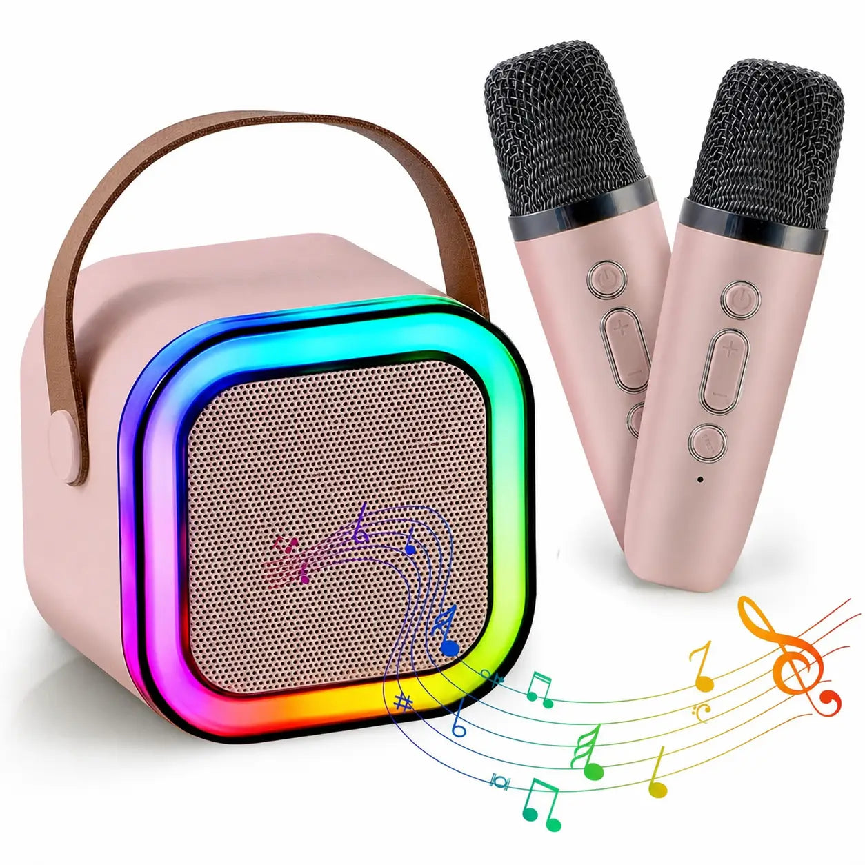 Bocina karaoke mini Bluetooth 5.3 con 2 micrófonos inalámbricos, luces RGB y sonido HiFi para fiestas en casa y reuniones al aire libre