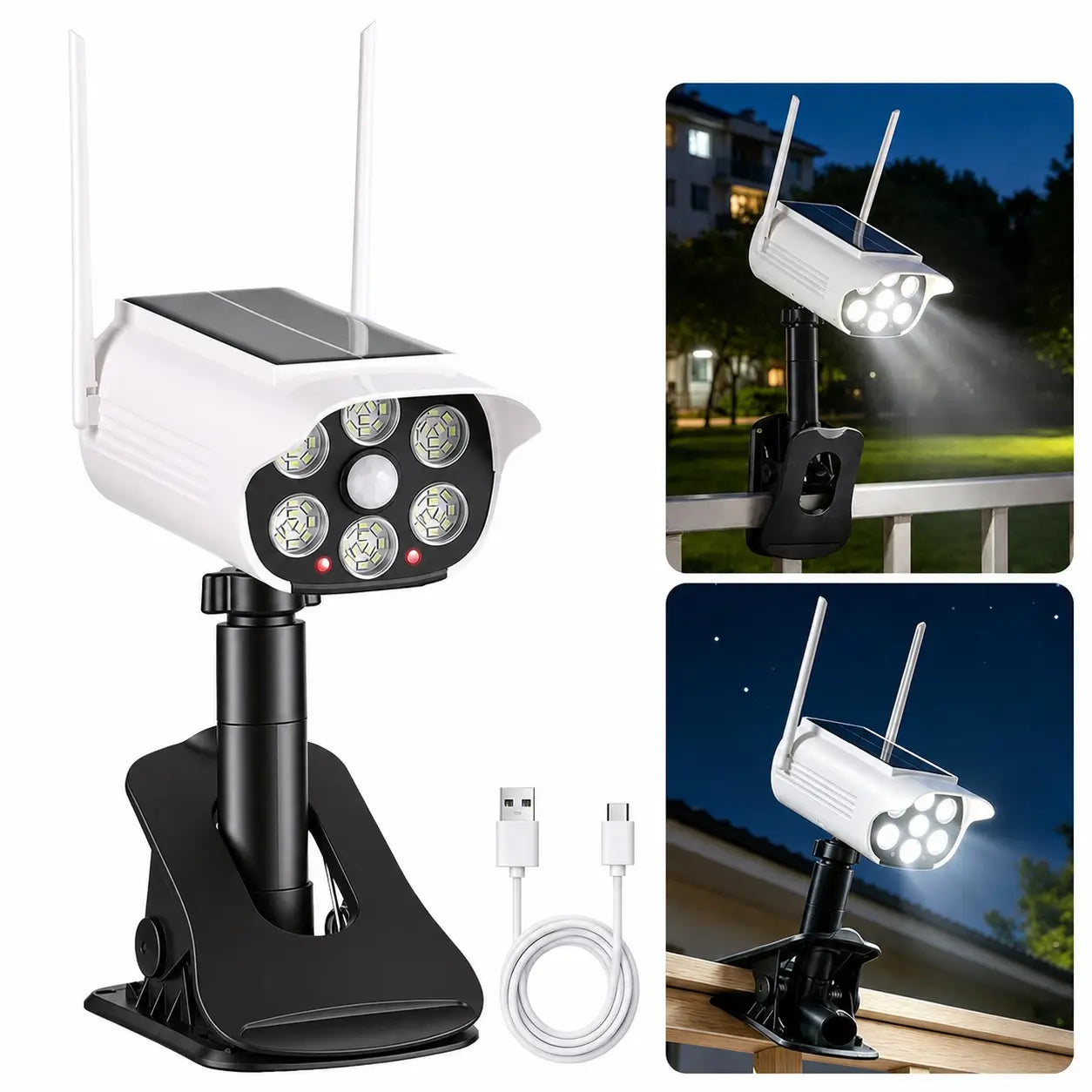 Lámpara solar exterior con sensor de movimiento, 600 lm, carga USB-C y clip ajustable para patio, jardín, reja o cochera en casa