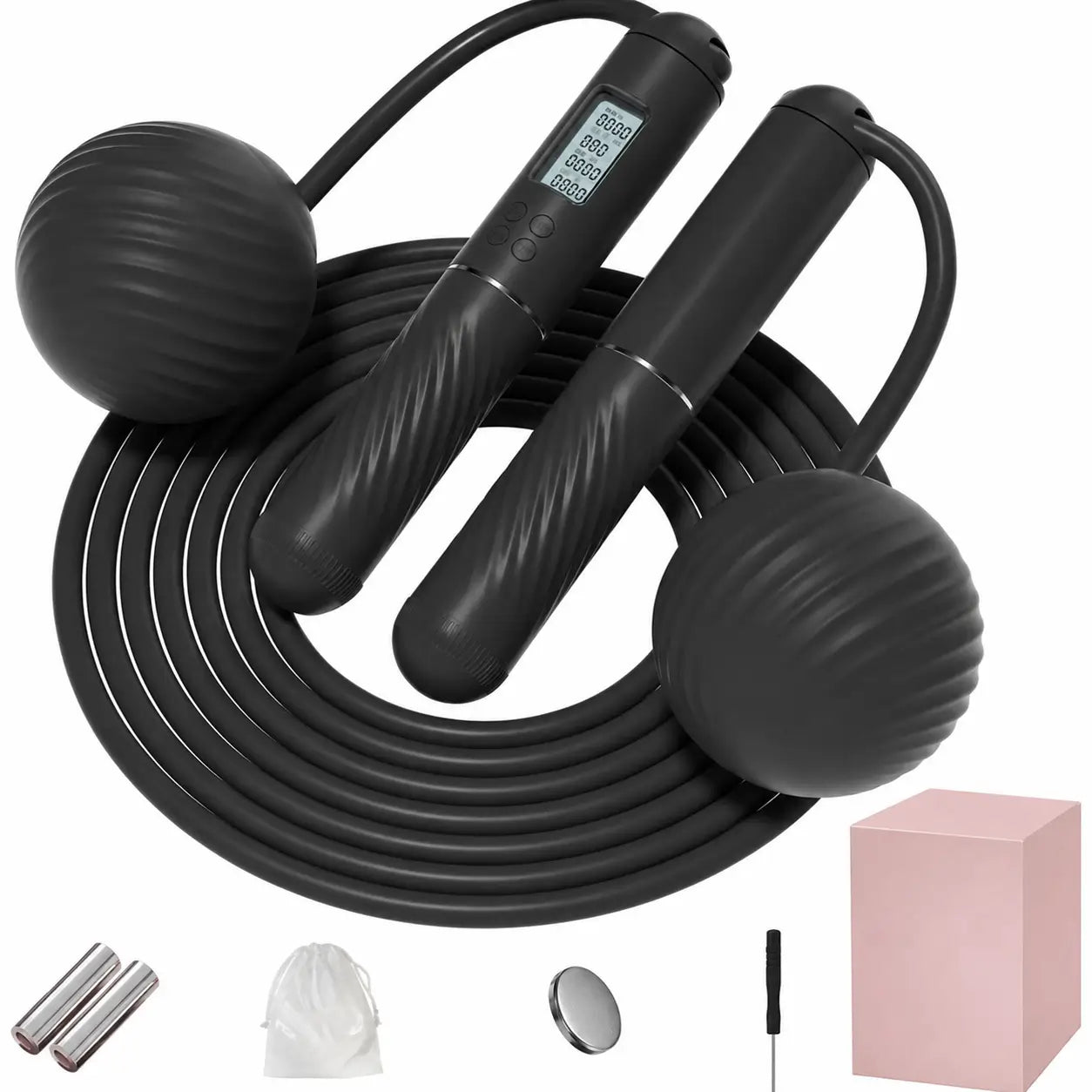 Cuerda para saltar ajustable con contador integrado, mango antiderrapante y opción con peso para rutinas de fitness en casa