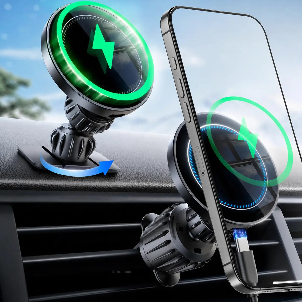 Cargador inalámbrico magnético 15W para auto con soporte ajustable 360° y montaje 3 en 1, ideal para iPhone en viajes diarios
