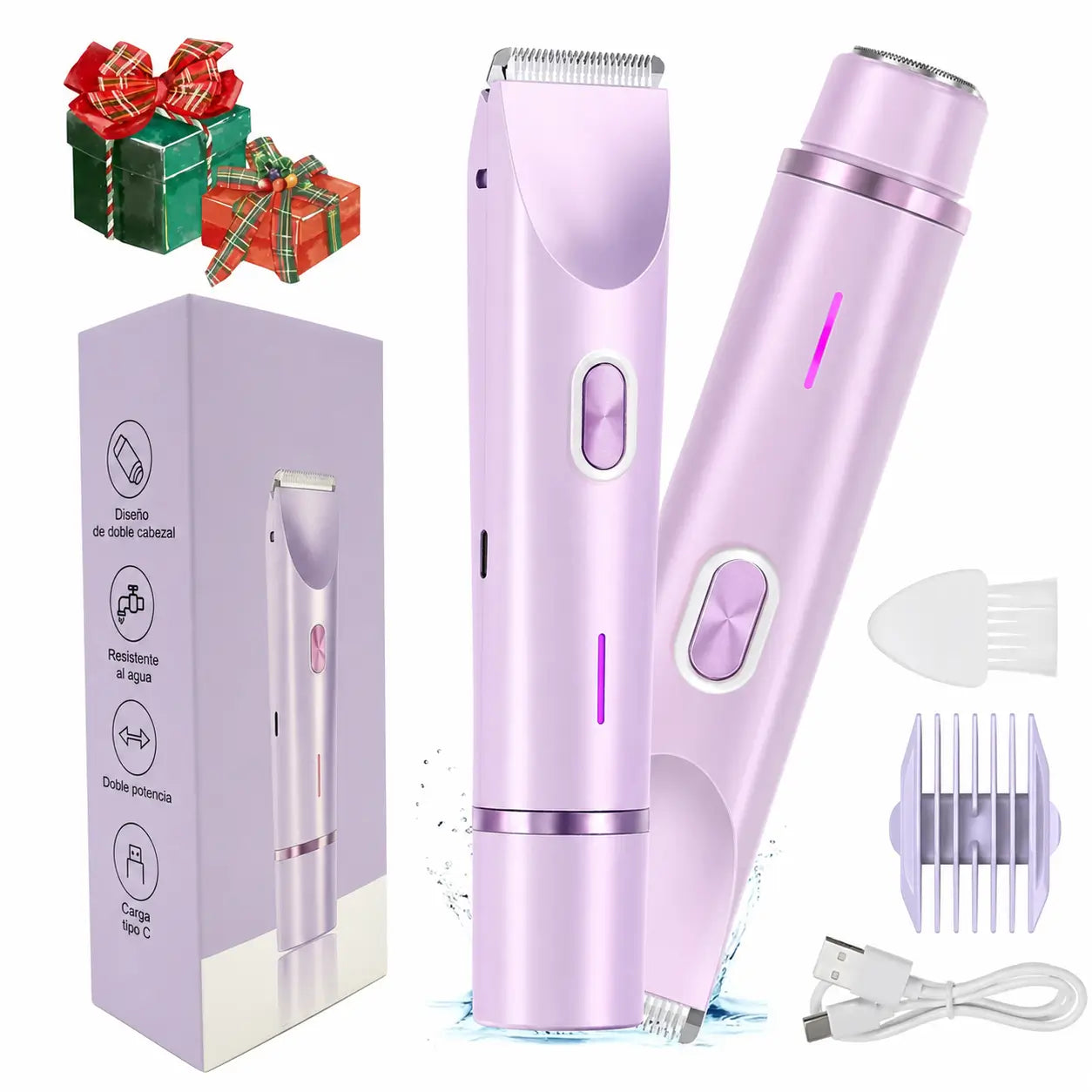 Rasuradora eléctrica 2 en 1 para bikini, rostro, axilas y piernas, recargable IPX7 para piel sensible en seco o ducha femenino