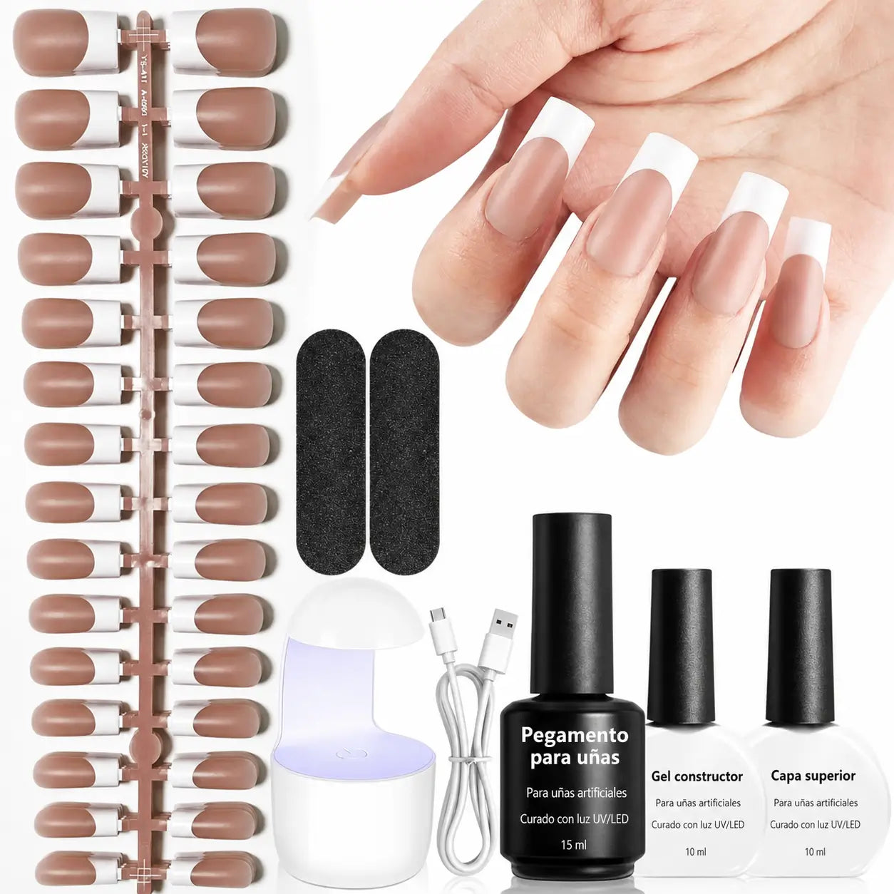 Kit de uñas press on francesas de gel suave, 154 piezas con lámpara mini para manicura francesa DIY en casa hasta 28 días