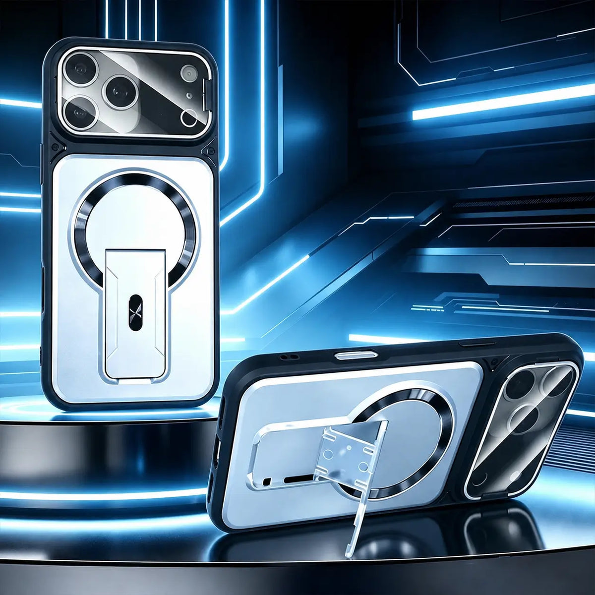Funda multifuncional para iPhone con soporte invisible, protección de cámara y aro magnético para uso diario y manejo cómodo en tu celular