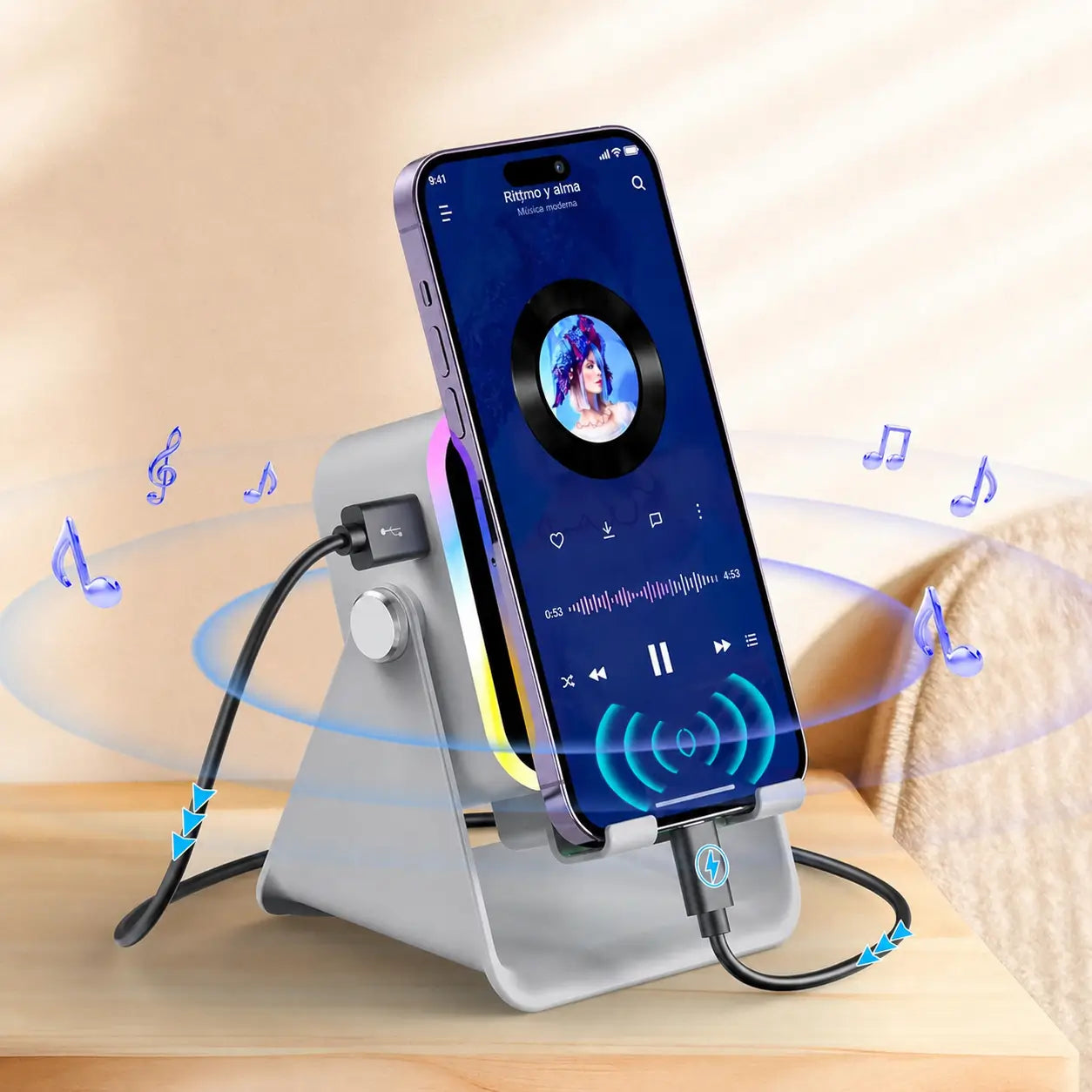 Bocina inalámbrica 5 en 1 con soporte ajustable 360°, luz RGB y power bank de 3500 mAh para celular y tablet en casa