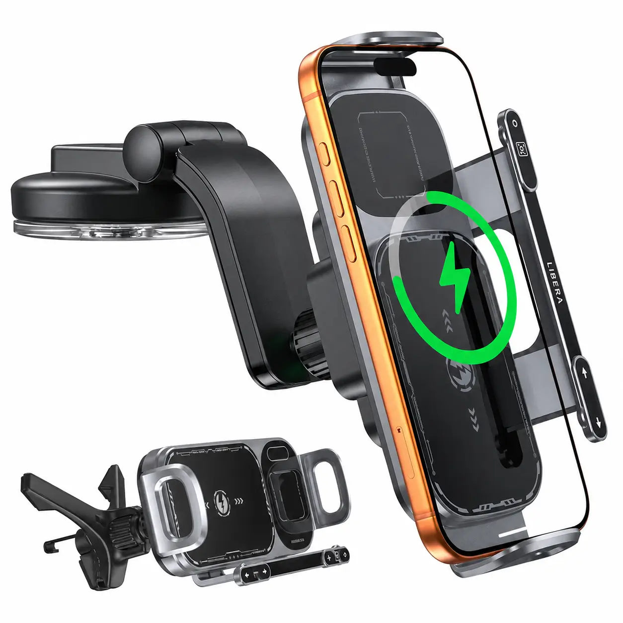 Soporte cargador inalámbrico 15W para auto con sujeción automática y rotación 90°, ideal para celulares plegables y grandes